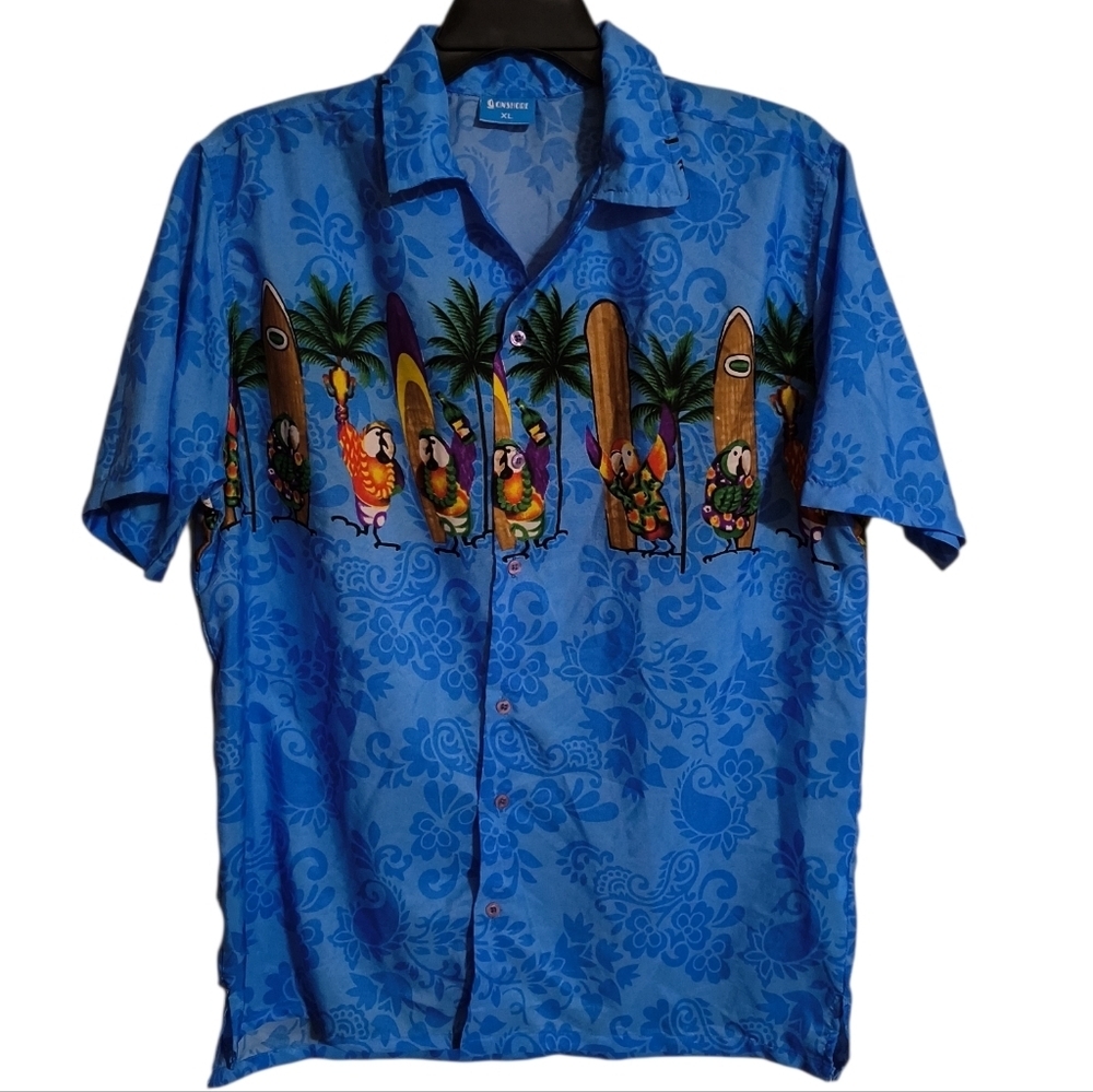 OnShore Blue Hawaiian Shirt with Tropical Print Size XL